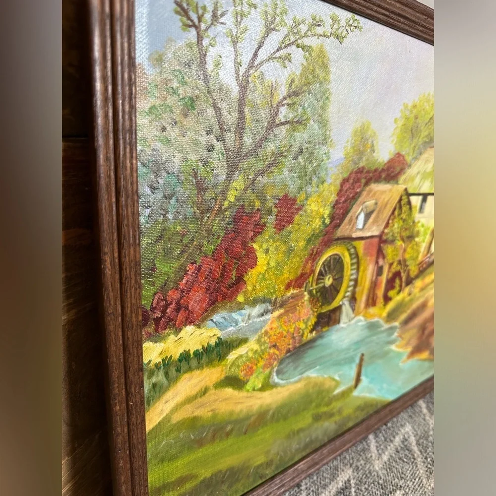 Vintage Rustic Land Scape Water Mill Original Painting Signed original frame
